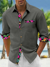 Carregar imagem no visualizador da galeria, Camisa masculina de linho floral manga longa com lapela
