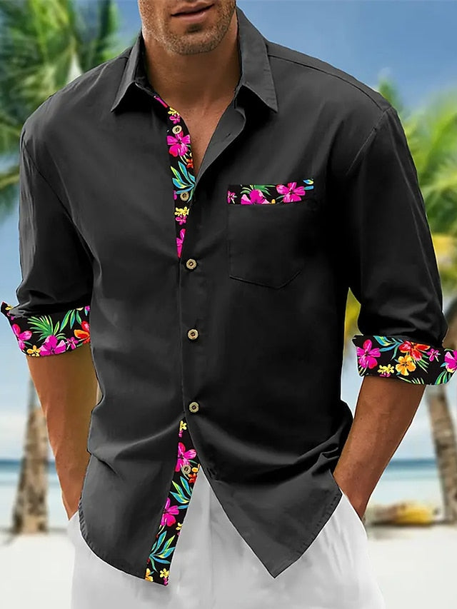 Camisa masculina de linho floral manga longa com lapela