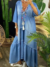 Carregar imagem no visualizador da galeria, Vestido midi casual com decote em V em jeans lavado
