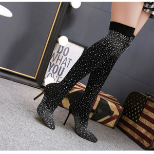 👢Botas de cano alto para mulher com strass brilhantes