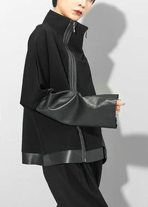 Casaco elegante de couro sintético com gola alta e manga comprida com zíper