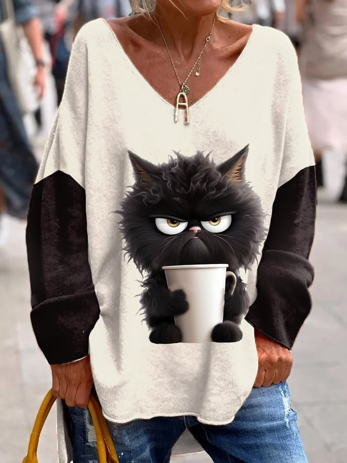 Camiseta de manga comprida com estampa de gato e decote em V