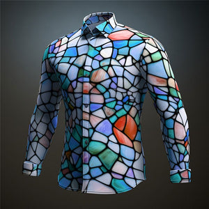 Camisa masculina abstrata artística colorida em bloco de cores