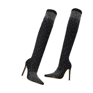 👢Botas de cano alto para mulher com strass brilhantes