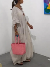 Carregar imagem no visualizador da galeria, Vestido de algodão e linho de cor sólida com decote em V e meia manga
