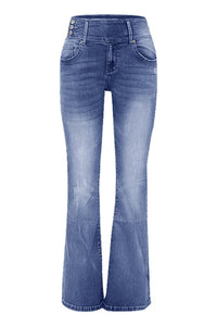 Jeans vintage cintura média flare botão lateral