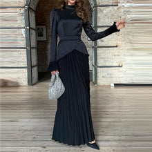 Carregar imagem no visualizador da galeria, Vestido elegante em patchwork contrastante com cintura alta
