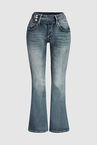 Jeans vintage cintura média flare botão lateral