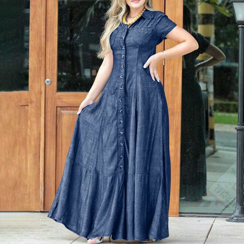 Vestidos retos jeans manga curta casual patchwork sólido fivela