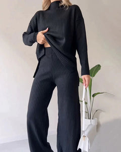 Suéter casual de gola alta de duas peças de cor sólida + calças largas