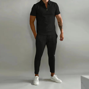 Conjunto de duas peças casual de camisa polo masculina de cor sólida