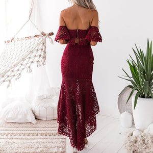 Vestido de festa elegante sem costas vazado de duas peças com renda