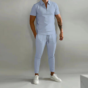 Conjunto de duas peças casual de camisa polo masculina de cor sólida