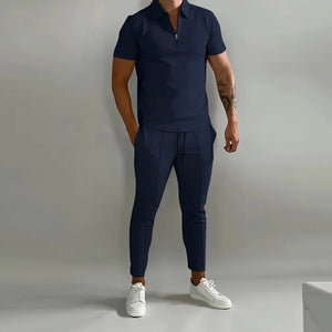 Conjunto de duas peças casual de camisa polo masculina de cor sólida